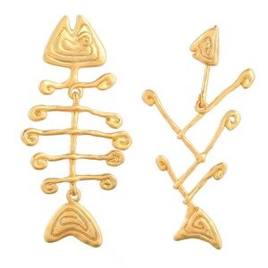 Gold Abstract Fishbone Statement Earrings – Asymmetrical Jewelry